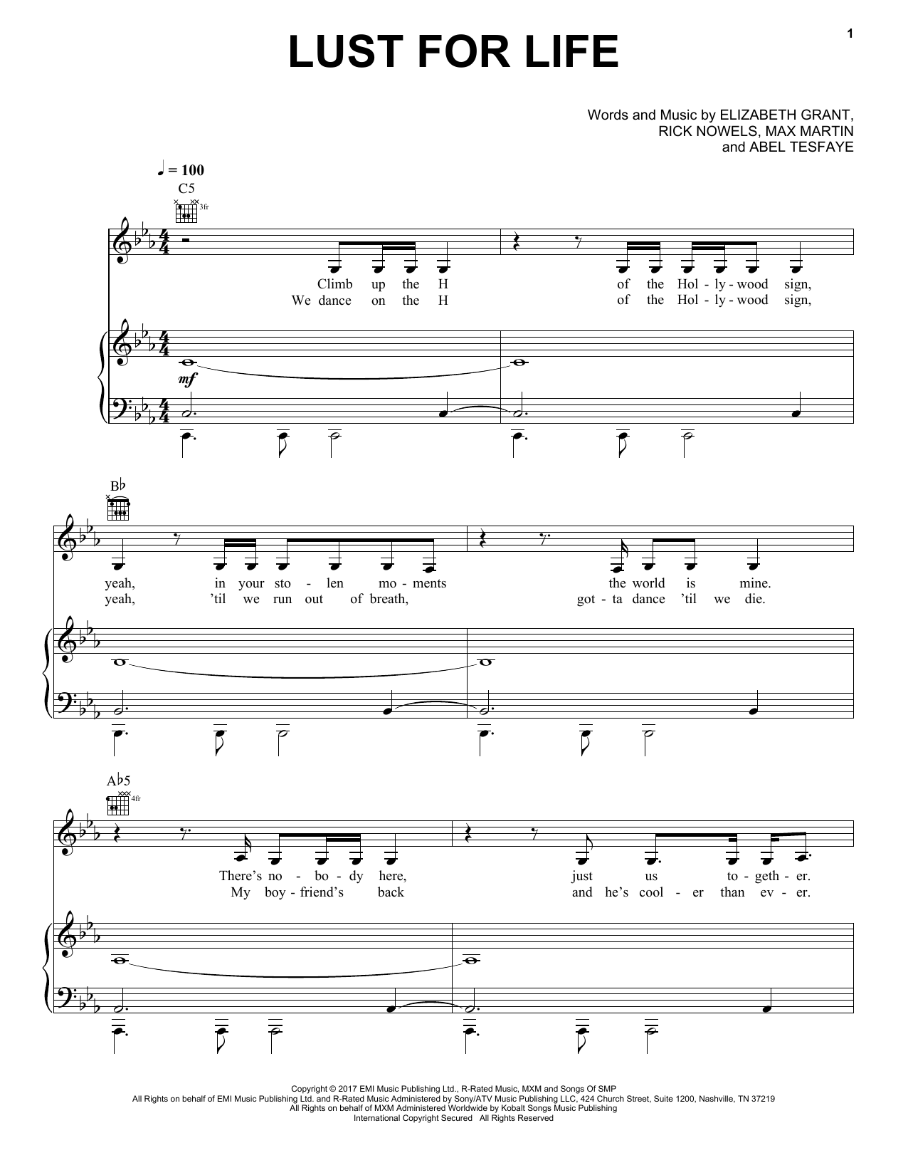 Lana Del Rey featuring The Weekend Lust For Life Sheet Music Notes & Chords for Piano, Vocal & Guitar (Right-Hand Melody) - Download or Print PDF