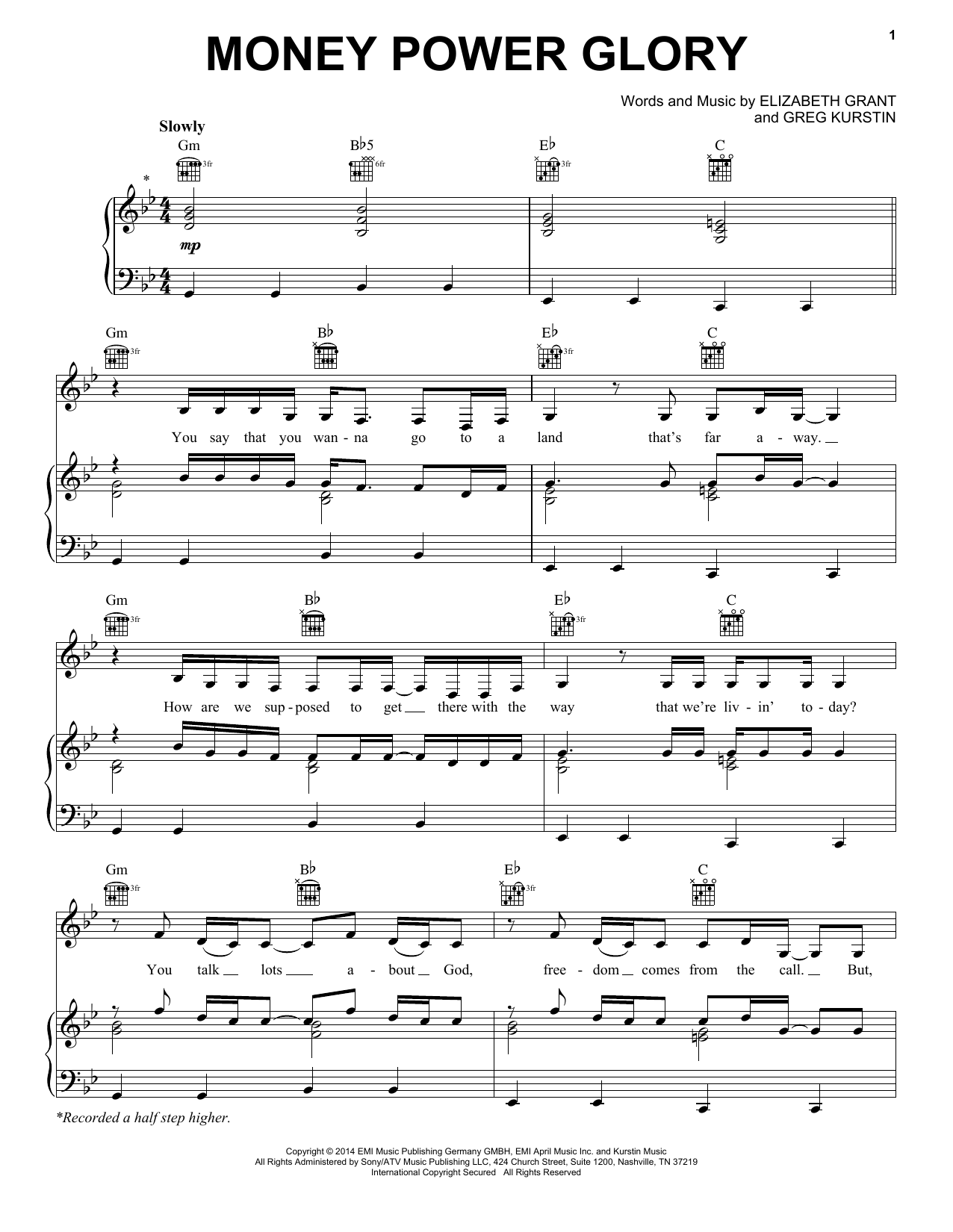 Lana Del Rey Money Power Glory Sheet Music Notes & Chords for Piano, Vocal & Guitar (Right-Hand Melody) - Download or Print PDF