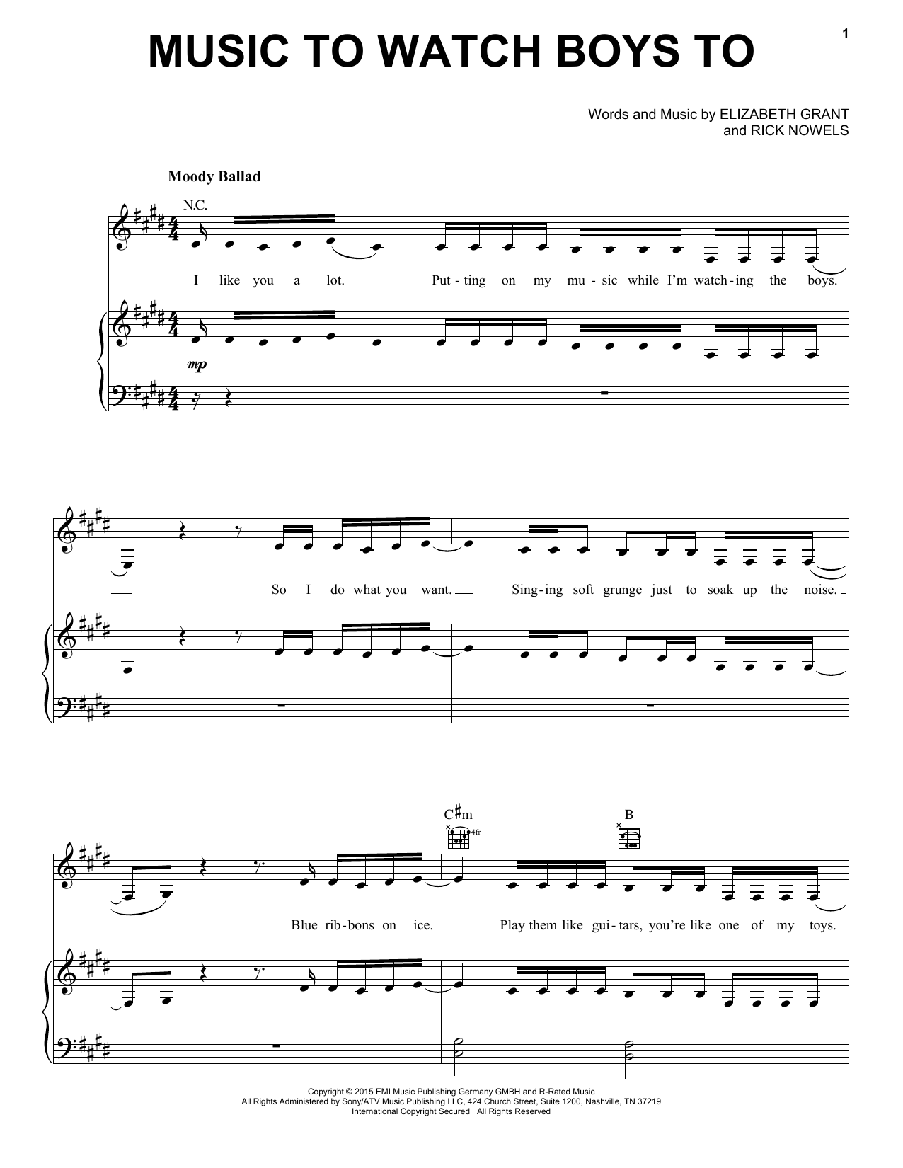 Lana Del Rey Music To Watch Boys To Sheet Music Notes & Chords for Piano, Vocal & Guitar (Right-Hand Melody) - Download or Print PDF