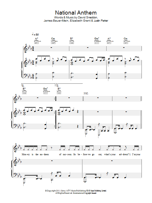 Lana Del Rey National Anthem Sheet Music Notes & Chords for Piano, Vocal & Guitar (Right-Hand Melody) - Download or Print PDF