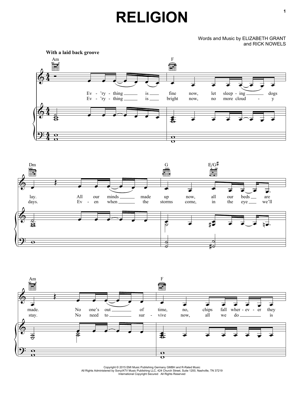 Lana Del Rey Religion Sheet Music Notes & Chords for Piano, Vocal & Guitar (Right-Hand Melody) - Download or Print PDF