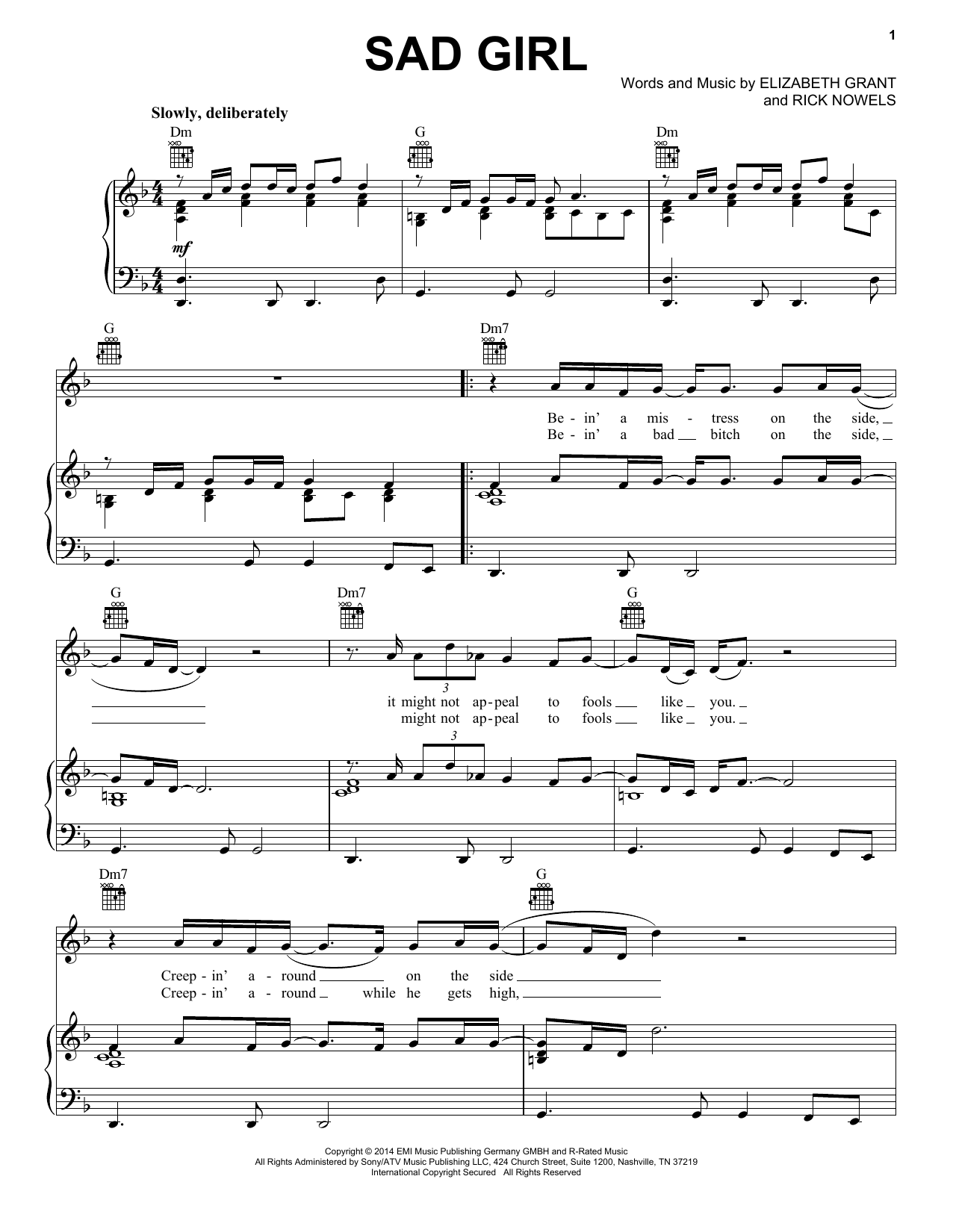 Lana Del Rey Sad Girl Sheet Music Notes & Chords for Piano, Vocal & Guitar (Right-Hand Melody) - Download or Print PDF