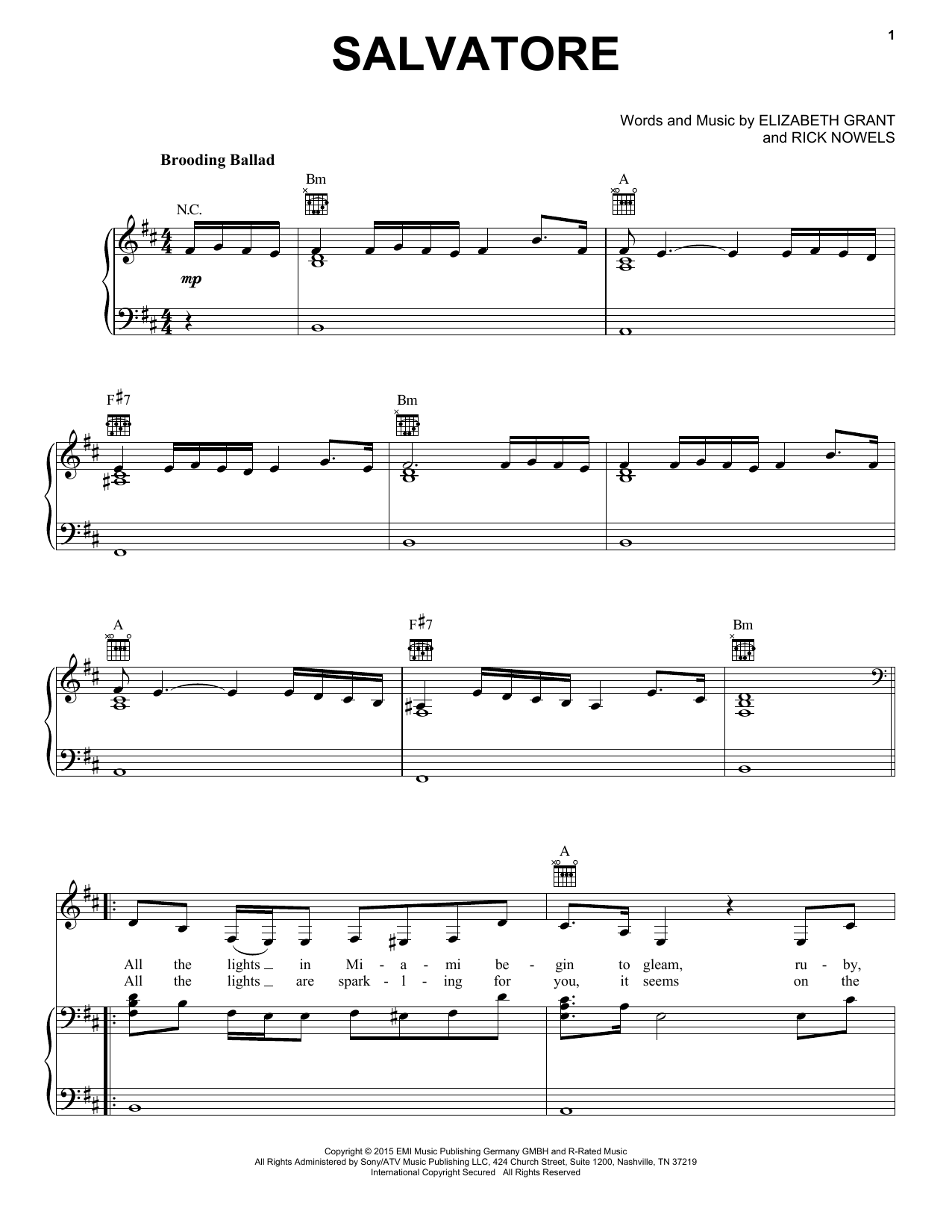 Lana Del Rey Salvatore Sheet Music Notes & Chords for Piano, Vocal & Guitar (Right-Hand Melody) - Download or Print PDF