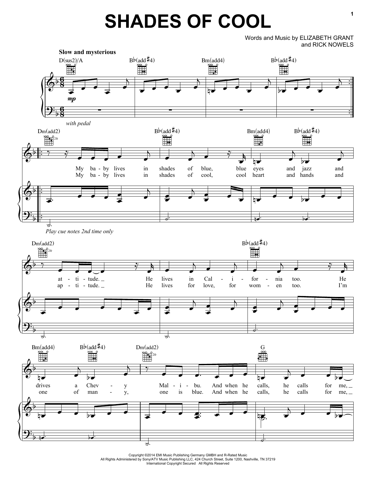 Lana Del Rey Shades Of Cool Sheet Music Notes & Chords for Piano, Vocal & Guitar (Right-Hand Melody) - Download or Print PDF