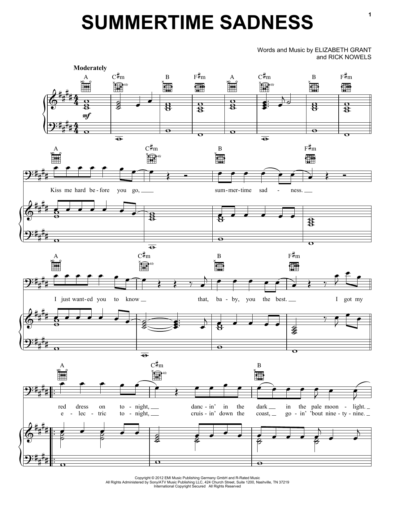 Lana Del Rey Summertime Sadness Sheet Music Notes & Chords for Piano, Vocal & Guitar (Right-Hand Melody) - Download or Print PDF