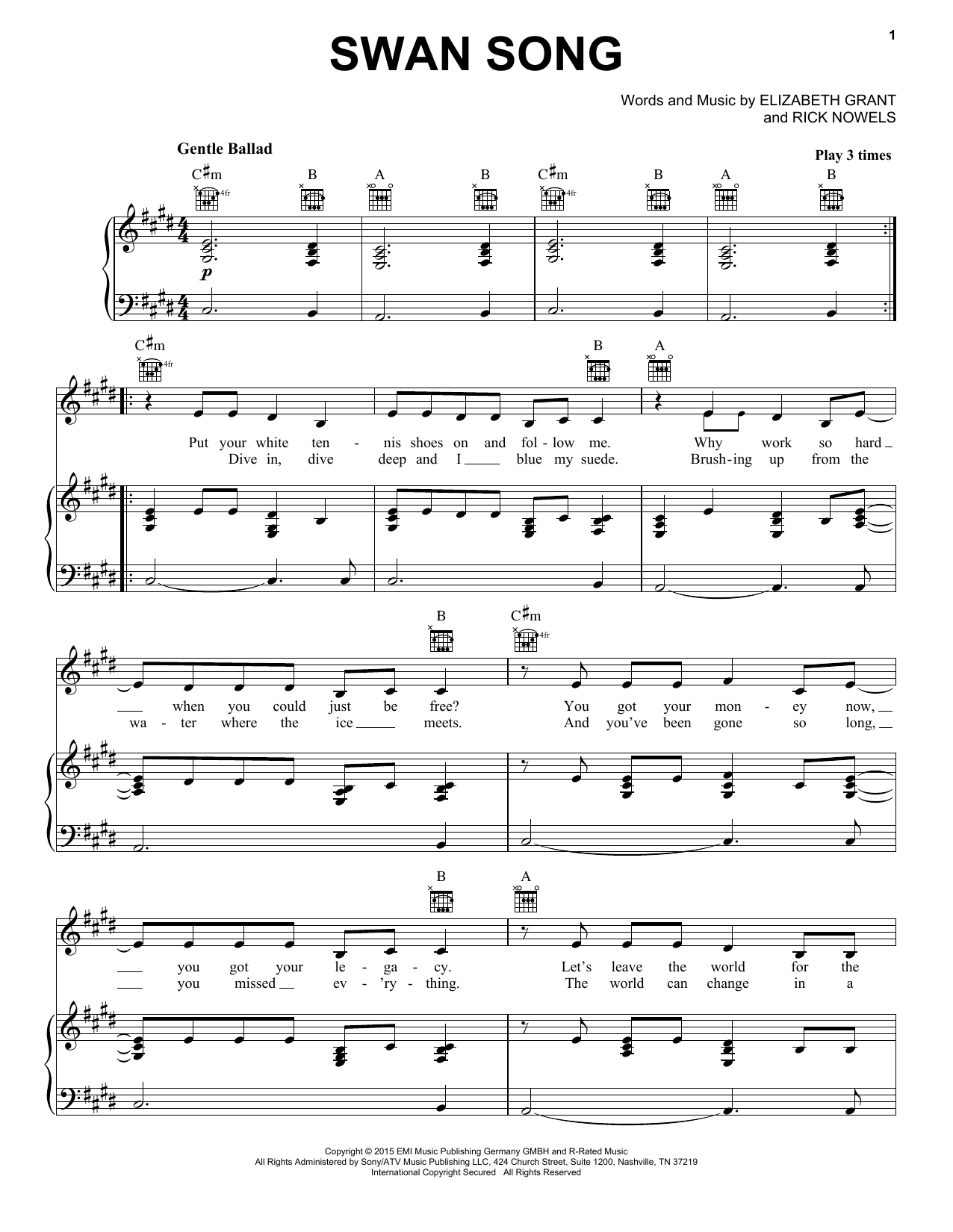 Lana Del Rey Swan Song Sheet Music Notes & Chords for Piano, Vocal & Guitar (Right-Hand Melody) - Download or Print PDF
