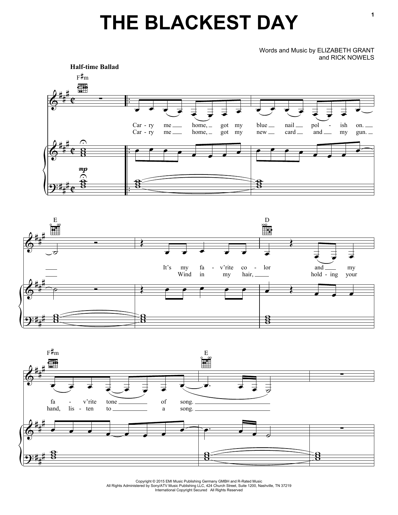 Lana Del Rey The Blackest Day Sheet Music Notes & Chords for Piano, Vocal & Guitar (Right-Hand Melody) - Download or Print PDF