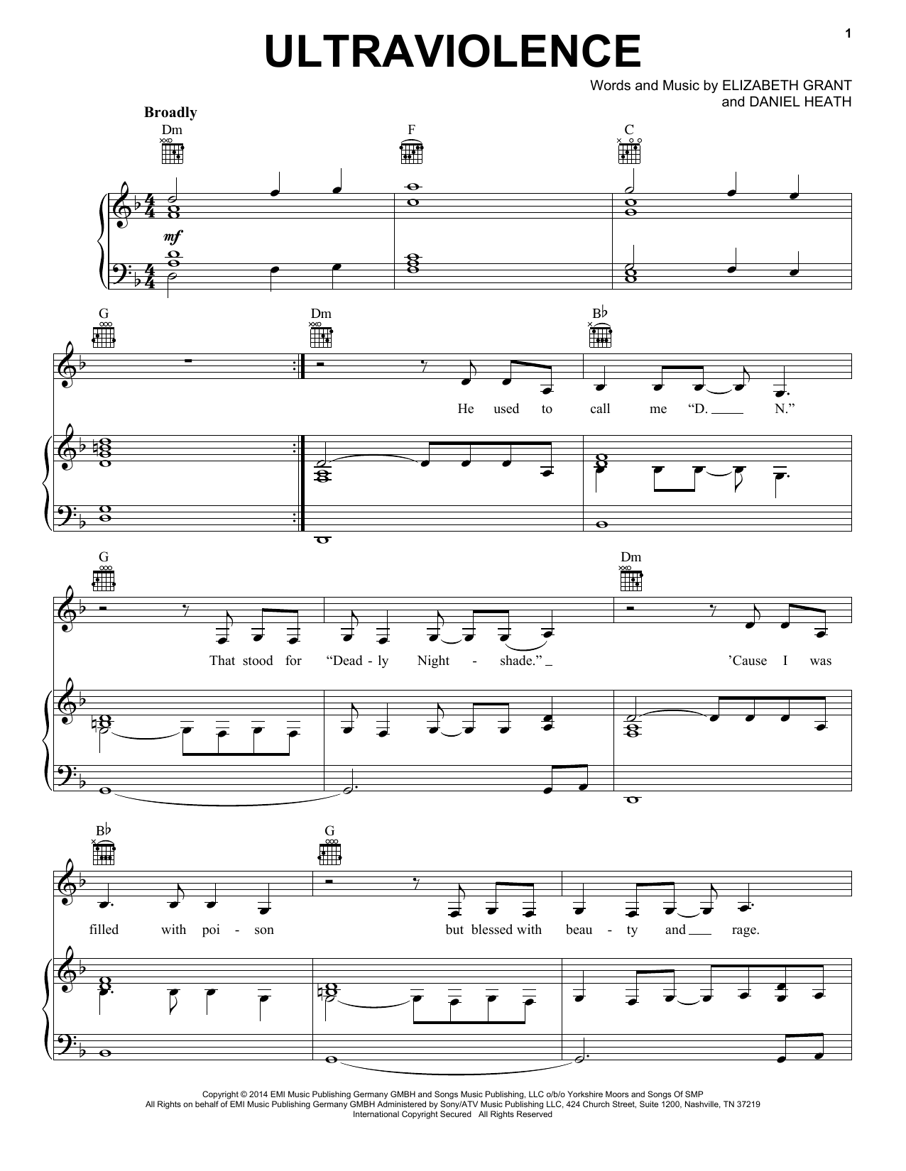 Lana Del Rey Ultraviolence Sheet Music Notes & Chords for Piano, Vocal & Guitar (Right-Hand Melody) - Download or Print PDF