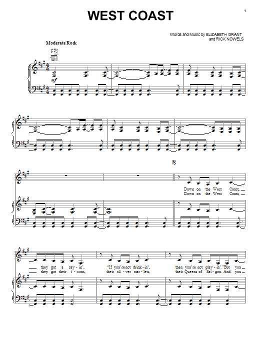 Lana Del Rey West Coast Sheet Music Notes & Chords for Piano, Vocal & Guitar (Right-Hand Melody) - Download or Print PDF