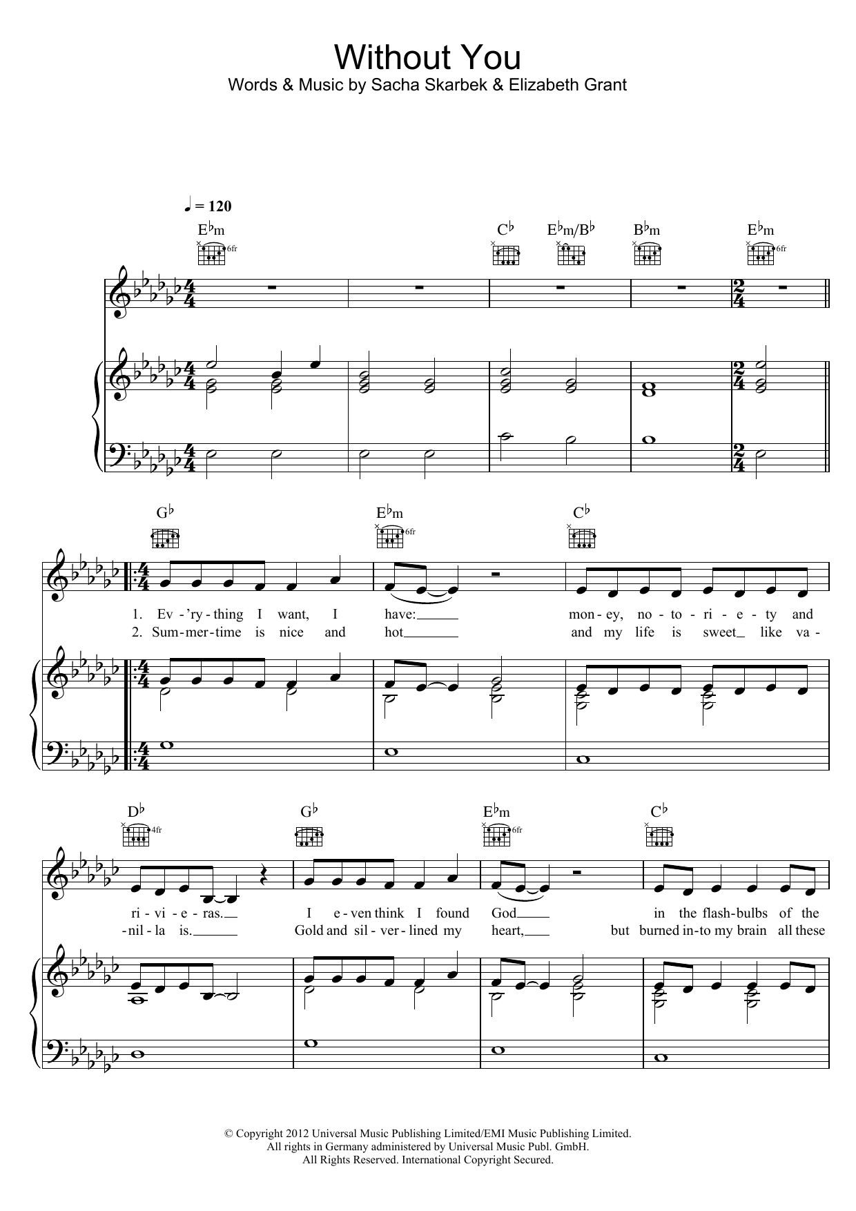 Lana Del Rey Without You Sheet Music Notes & Chords for Piano, Vocal & Guitar (Right-Hand Melody) - Download or Print PDF