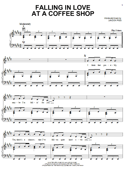 Landon Pigg Falling In Love At A Coffee Shop Sheet Music Notes & Chords for Piano, Vocal & Guitar (Right-Hand Melody) - Download or Print PDF