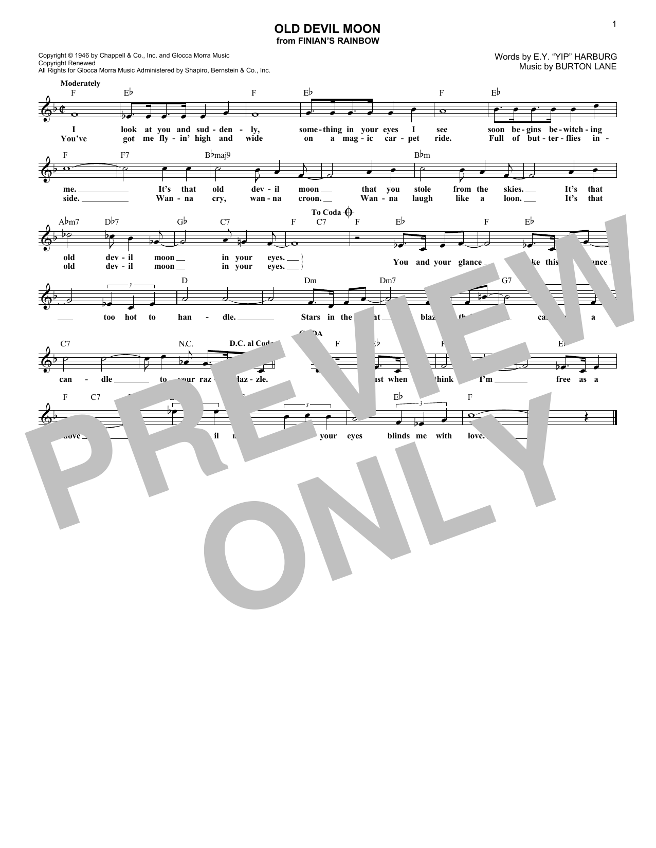 Burton Lane Old Devil Moon Sheet Music Notes & Chords for Lead Sheet / Fake Book - Download or Print PDF
