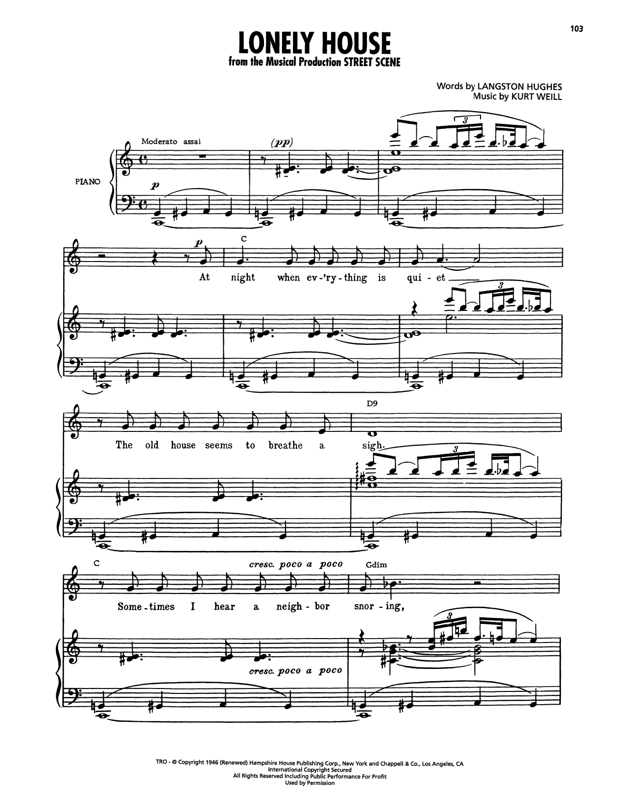 Langston Hughes Lonely House (from Street Scene) Sheet Music Notes & Chords for Piano, Vocal & Guitar Chords (Right-Hand Melody) - Download or Print PDF
