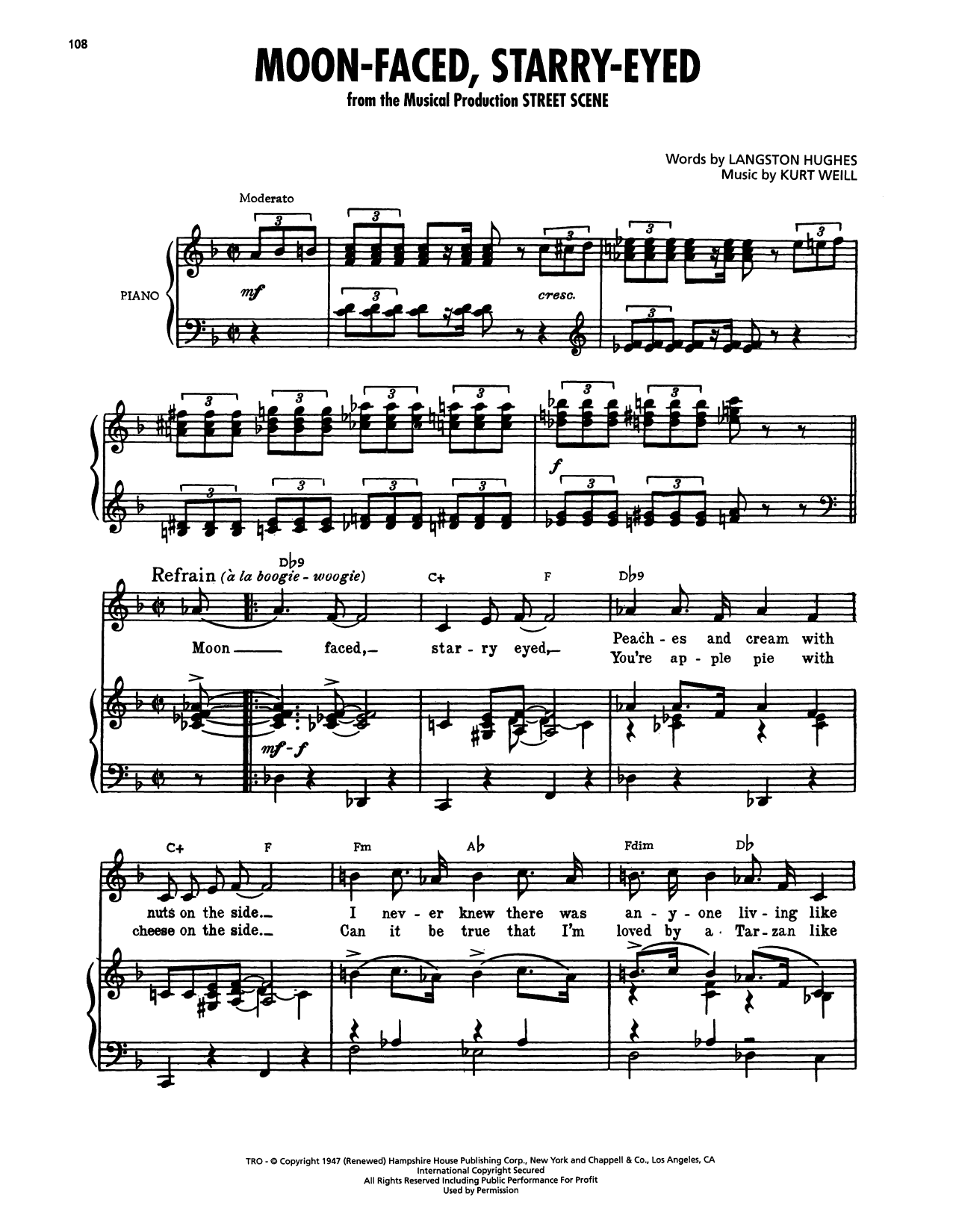 Langston Hughes Moon-Faced, Starry-Eyed (from Street Scene) Sheet Music Notes & Chords for Piano, Vocal & Guitar Chords (Right-Hand Melody) - Download or Print PDF