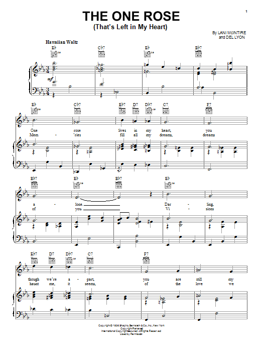 Lani McIntire The One Rose (That's Left In My Heart) Sheet Music Notes & Chords for Piano, Vocal & Guitar (Right-Hand Melody) - Download or Print PDF