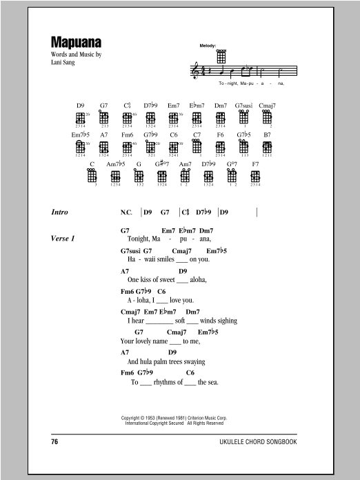 Lani Sang Mapuana Sheet Music Notes & Chords for Piano, Vocal & Guitar (Right-Hand Melody) - Download or Print PDF