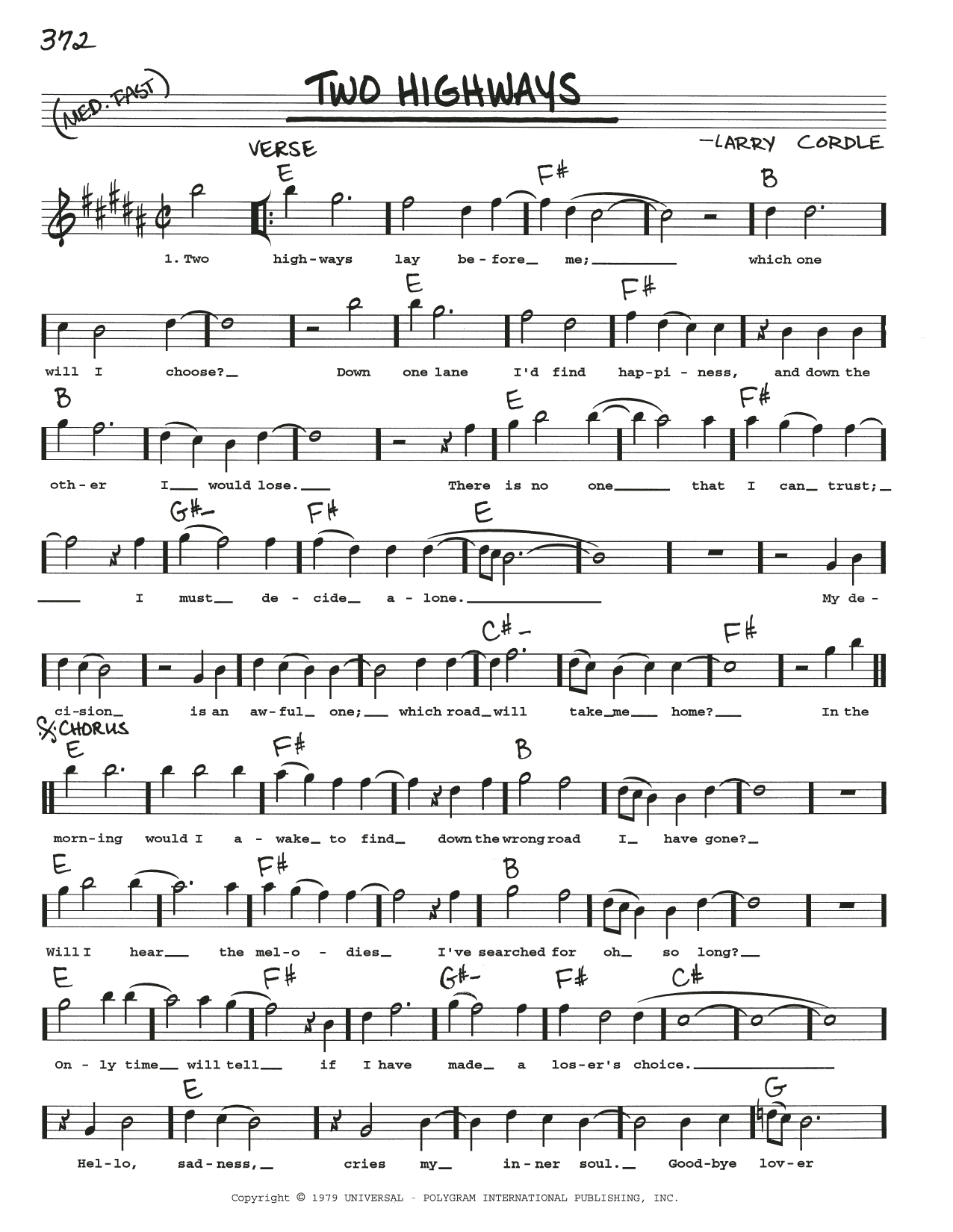Larry Cordle Two Highways Sheet Music Notes & Chords for Real Book – Melody, Lyrics & Chords - Download or Print PDF