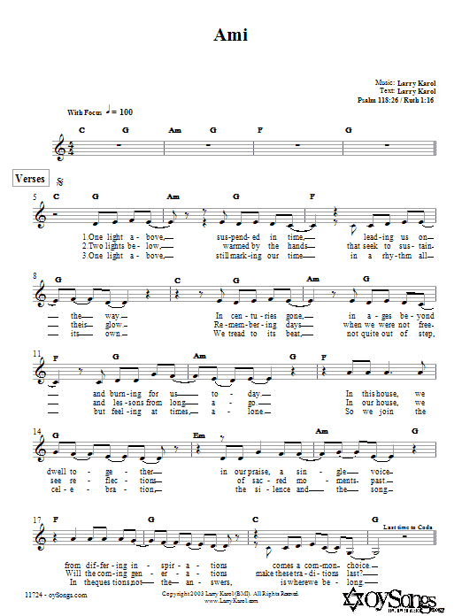 Larry Karol Ami Sheet Music Notes & Chords for Melody Line, Lyrics & Chords - Download or Print PDF