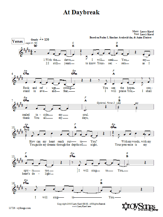 Larry Karol At Daybreak Sheet Music Notes & Chords for Melody Line, Lyrics & Chords - Download or Print PDF