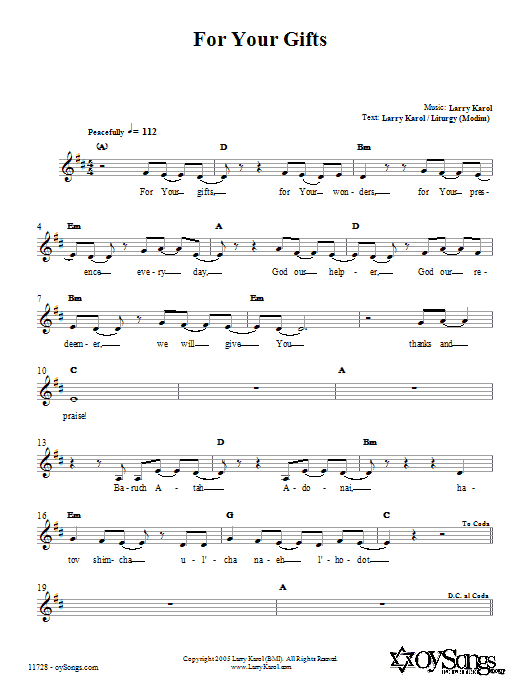 Larry Karol For Your Gifts Sheet Music Notes & Chords for Melody Line, Lyrics & Chords - Download or Print PDF