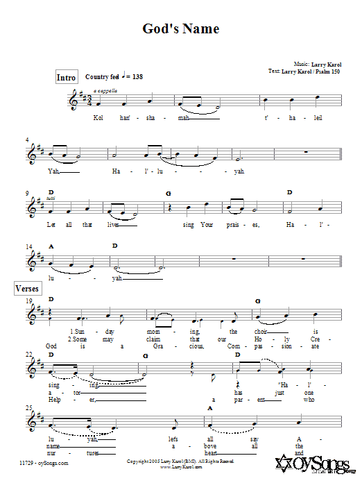 Larry Karol God's Name Sheet Music Notes & Chords for Melody Line, Lyrics & Chords - Download or Print PDF