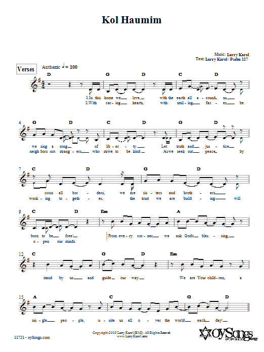 Larry Karol Kol Haumim Sheet Music Notes & Chords for Melody Line, Lyrics & Chords - Download or Print PDF