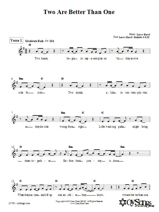 Larry Karol Two are Better Than One Sheet Music Notes & Chords for Melody Line, Lyrics & Chords - Download or Print PDF