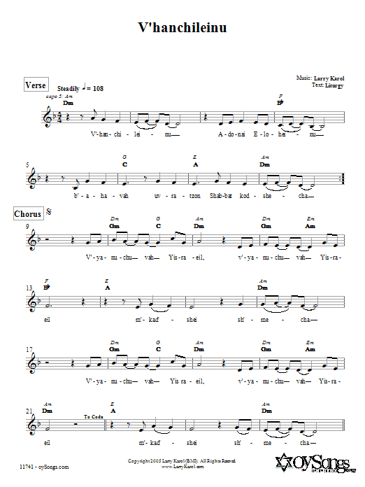 Larry Karol V'hanchileinu Sheet Music Notes & Chords for Melody Line, Lyrics & Chords - Download or Print PDF
