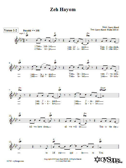 Larry Karol Zeh Hayom Sheet Music Notes & Chords for Melody Line, Lyrics & Chords - Download or Print PDF