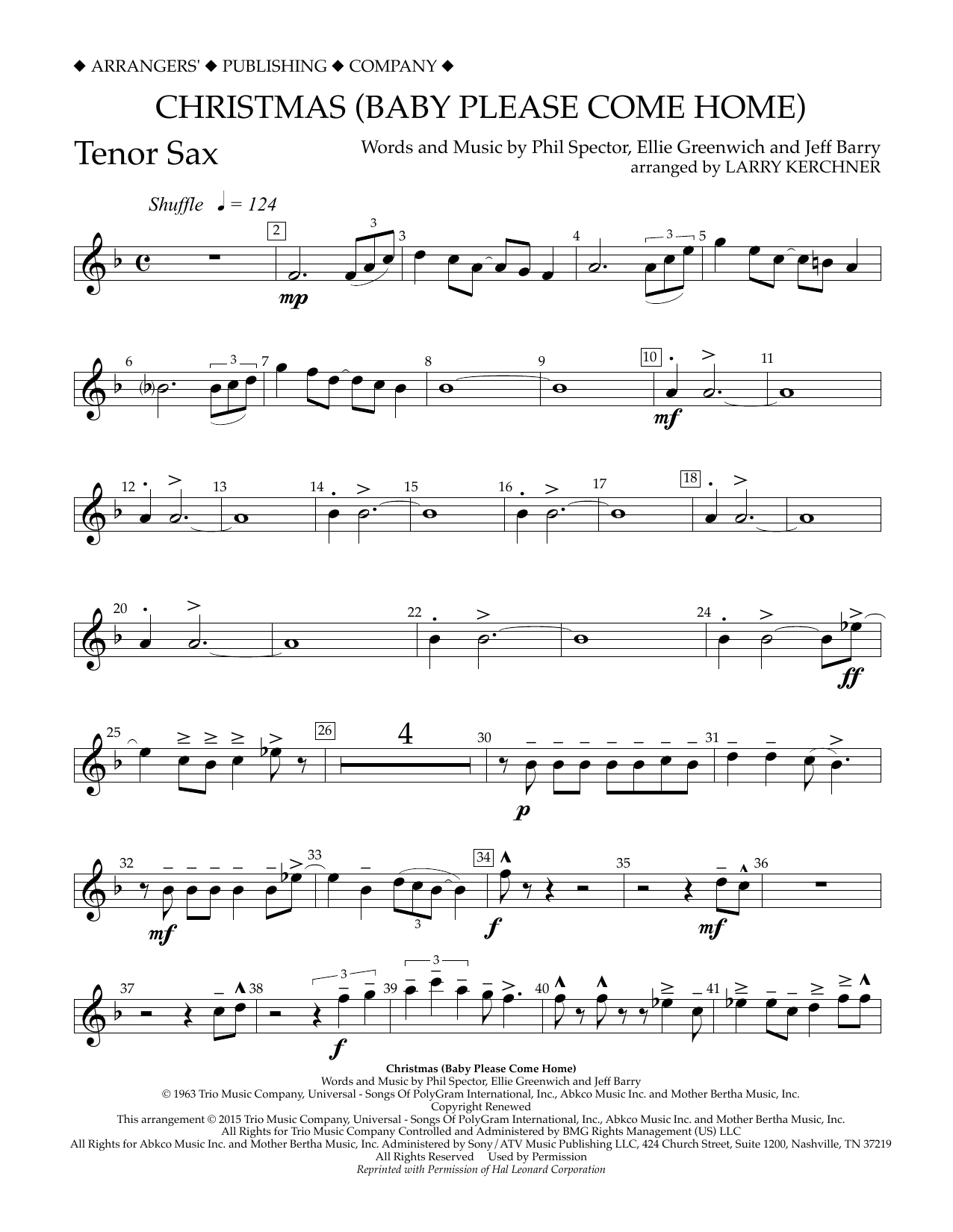 Larry Kerchner Christmas (Baby Please Come Home) - Bb Tenor Saxophone Sheet Music Notes & Chords for Concert Band - Download or Print PDF