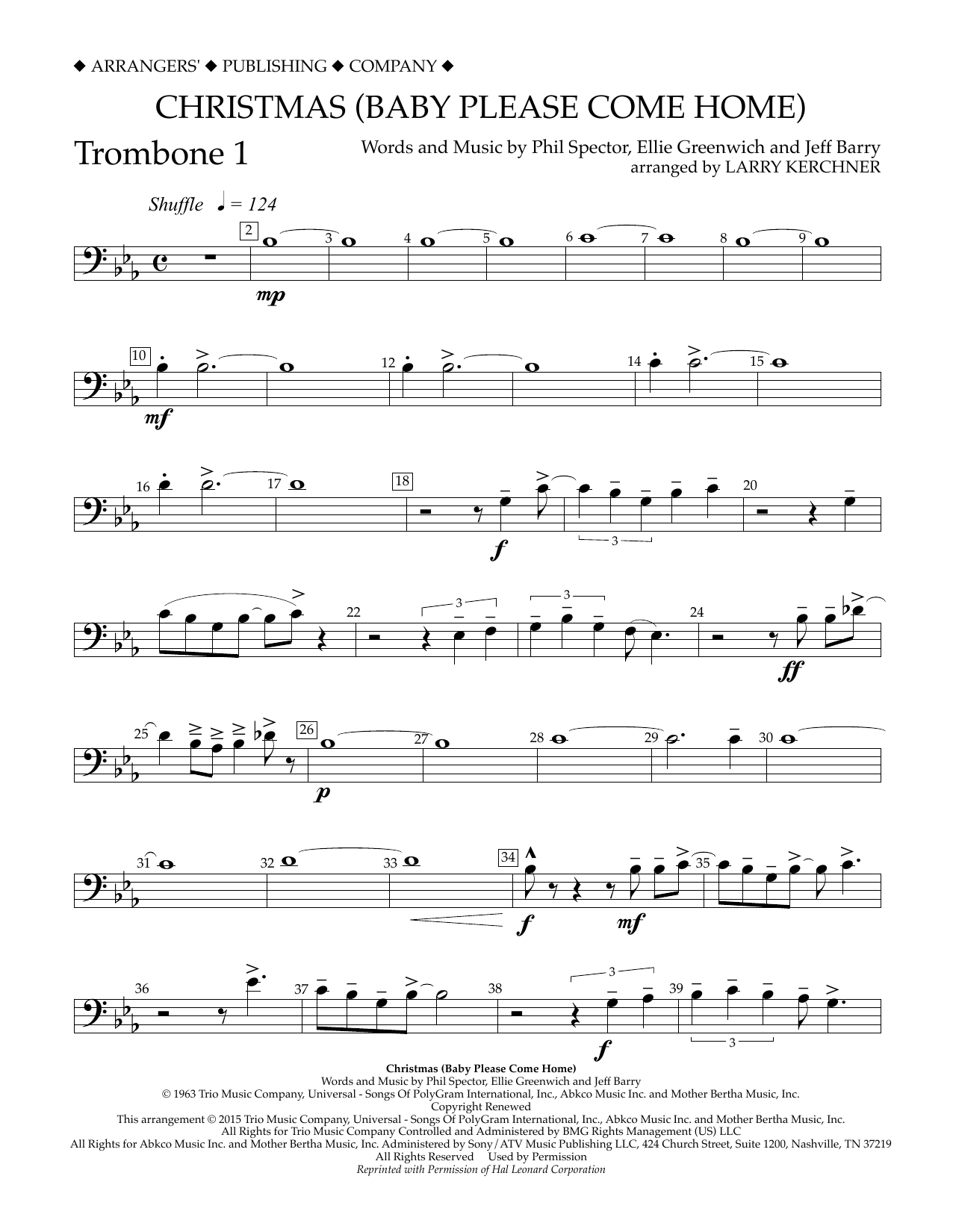 Larry Kerchner Christmas (Baby Please Come Home) - Trombone 1 Sheet Music Notes & Chords for Concert Band - Download or Print PDF