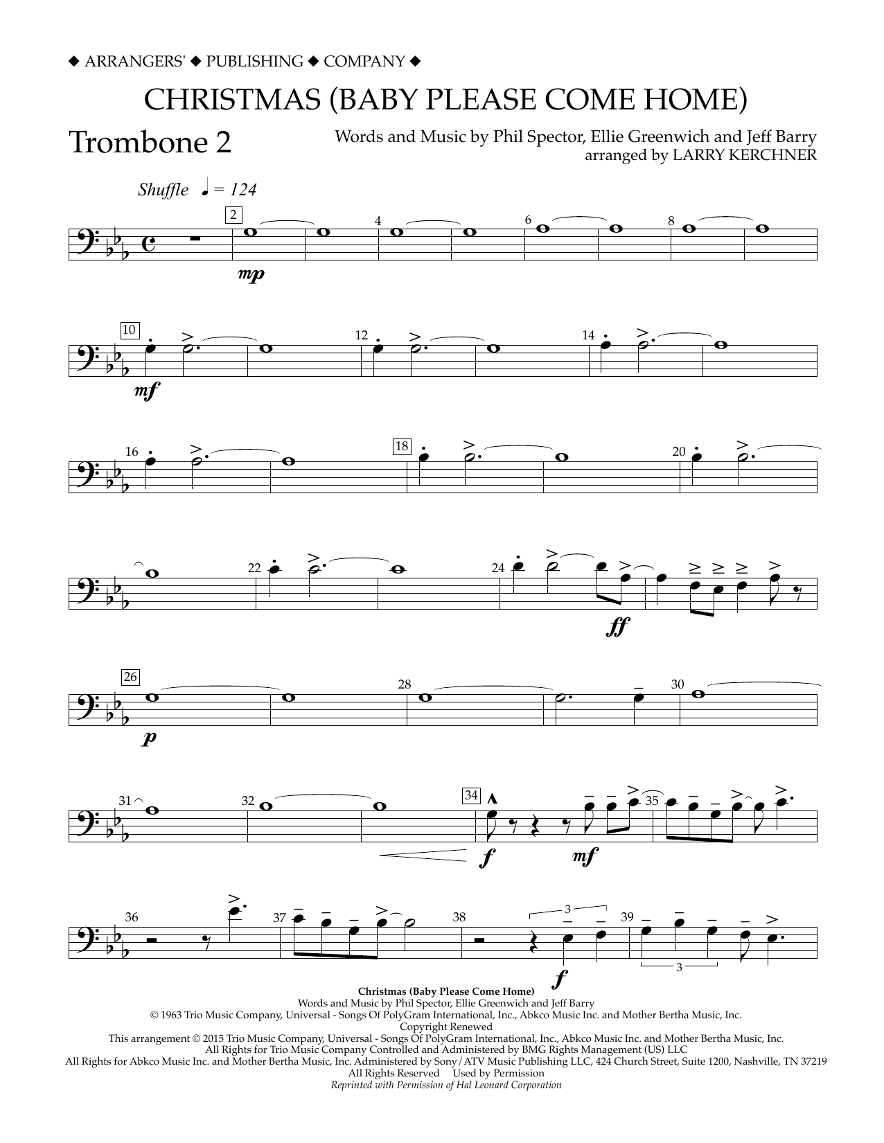 Larry Kerchner Christmas (Baby Please Come Home) - Trombone 2 Sheet Music Notes & Chords for Concert Band - Download or Print PDF