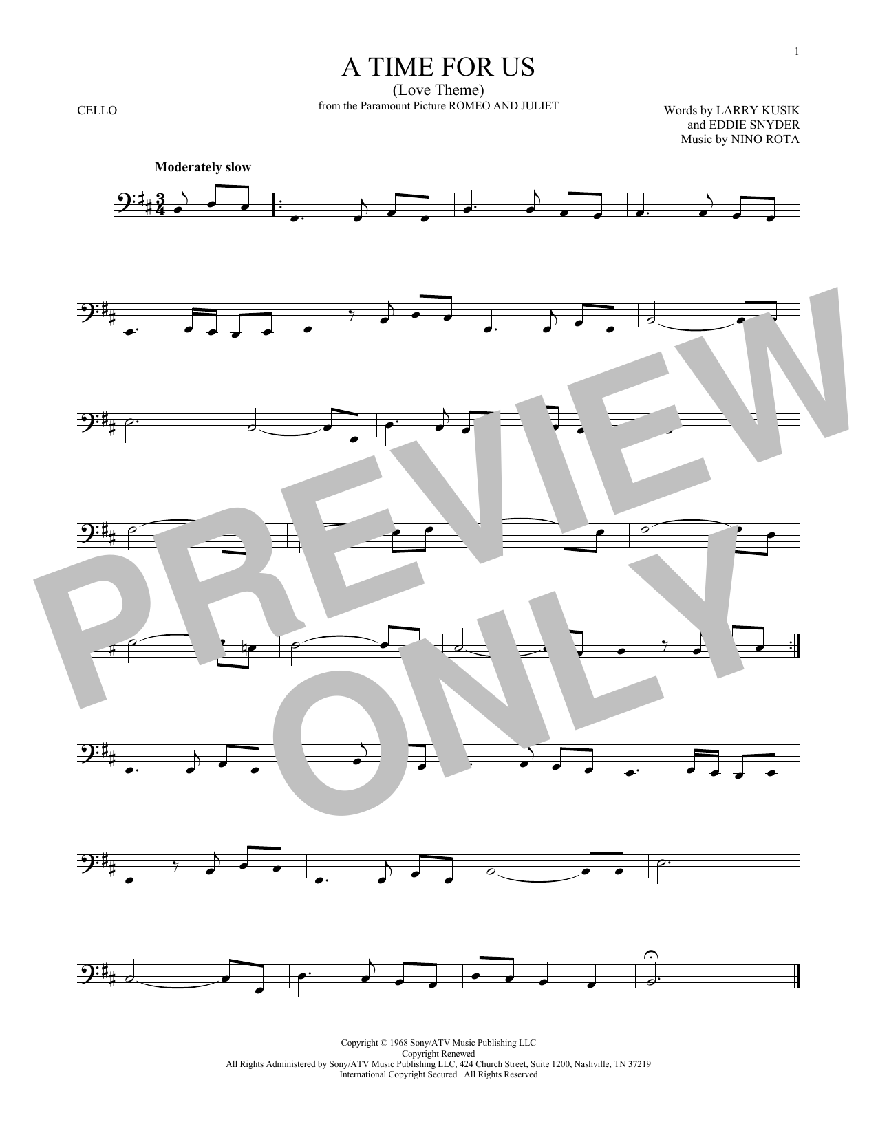 Larry Kusik A Time For Us (Love Theme) Sheet Music Notes & Chords for Cello - Download or Print PDF