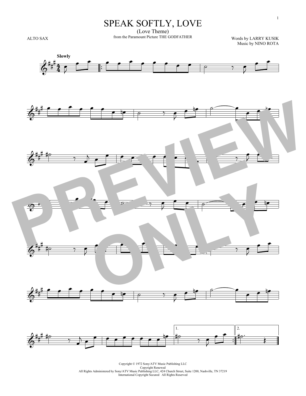 Larry Kusik Speak Softly, Love (Love Theme) Sheet Music Notes & Chords for Alto Saxophone - Download or Print PDF