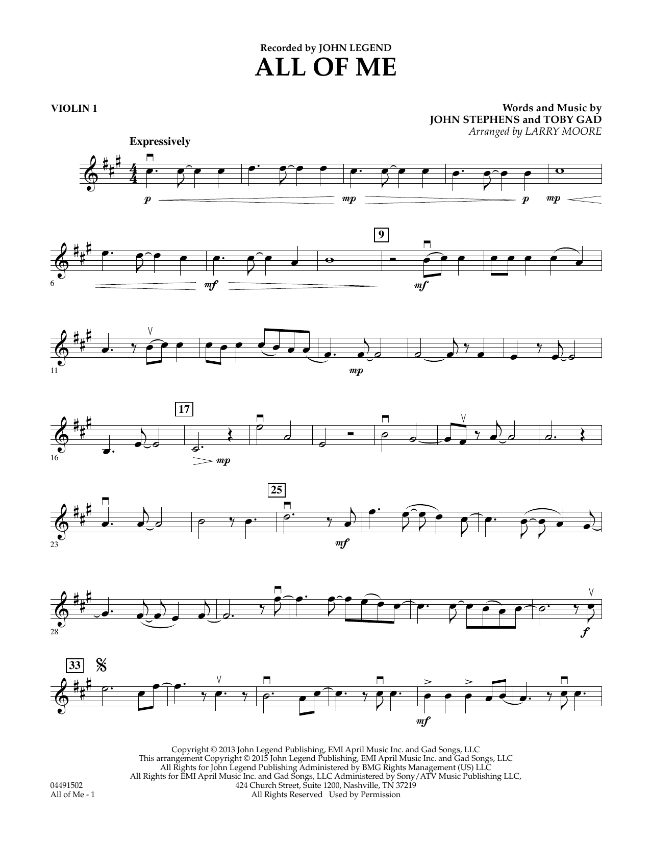 Larry Moore All of Me - Violin 1 Sheet Music Notes & Chords for String Quartet - Download or Print PDF