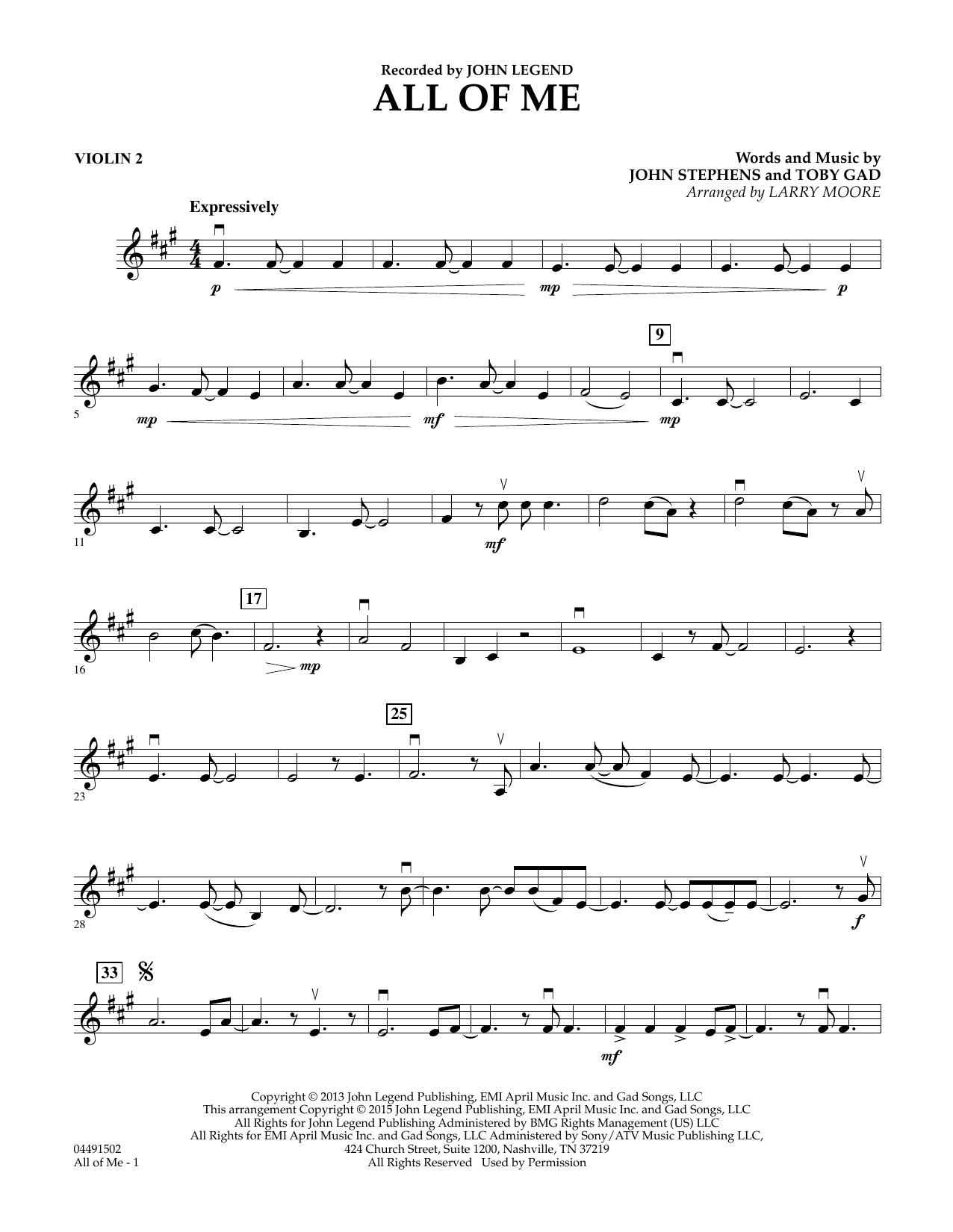 Larry Moore All of Me - Violin 2 Sheet Music Notes & Chords for String Quartet - Download or Print PDF