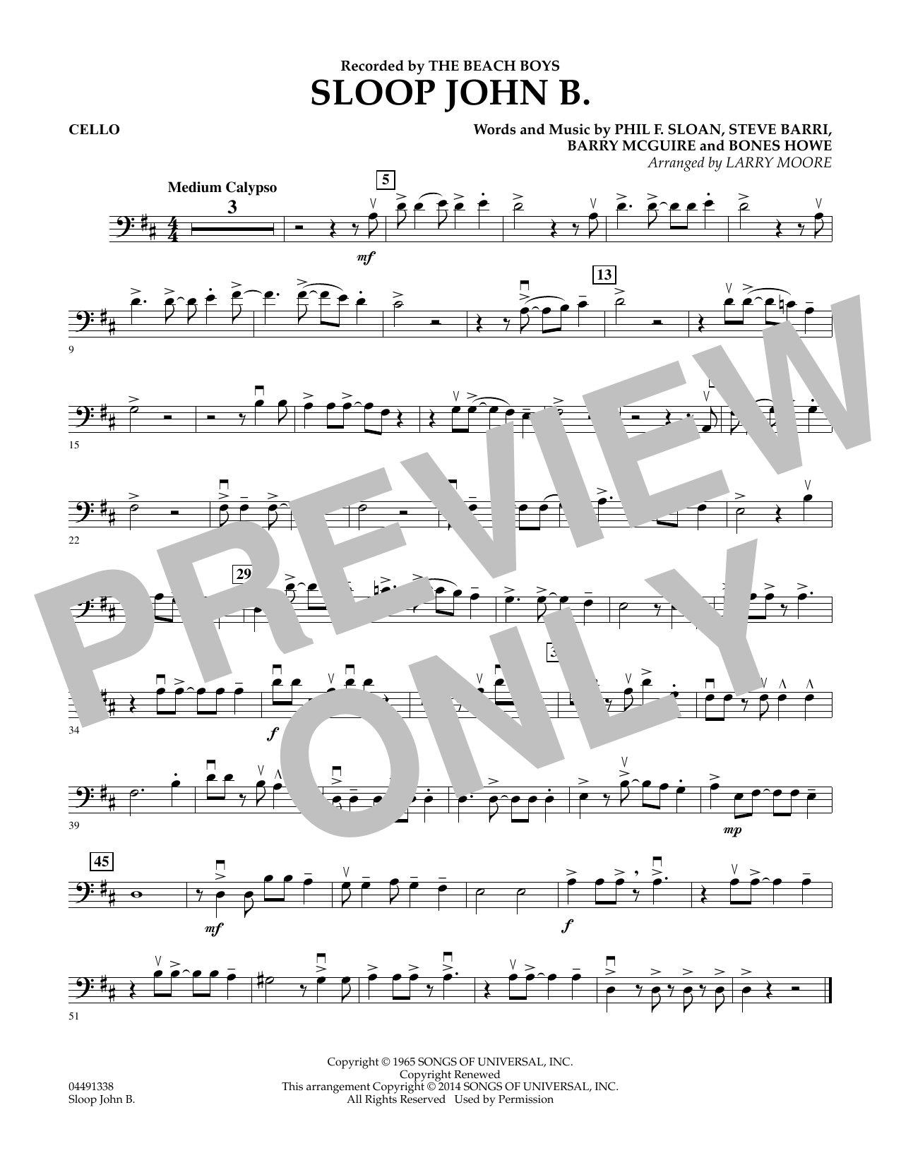 Larry Moore Sloop John B - Cello Sheet Music Notes & Chords for Orchestra - Download or Print PDF