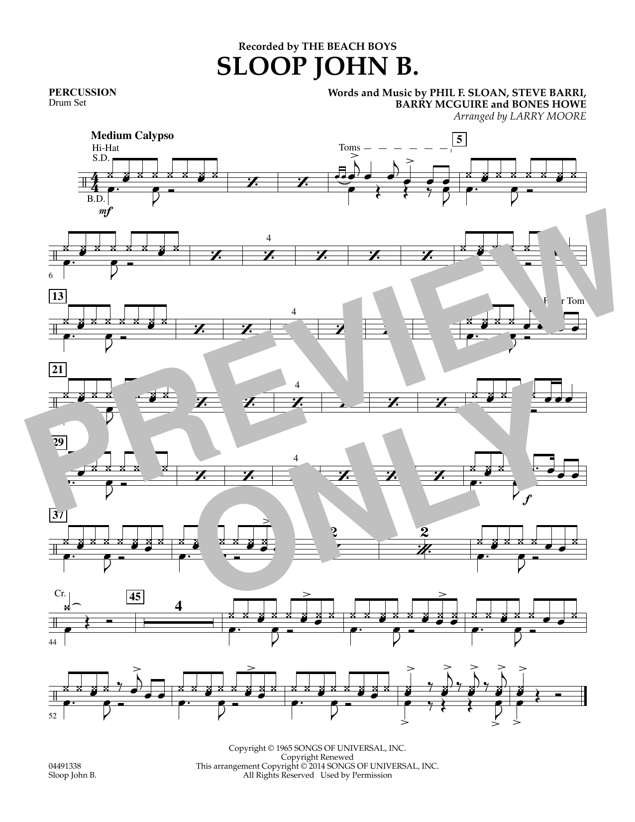 Larry Moore Sloop John B - Percussion Sheet Music Notes & Chords for Orchestra - Download or Print PDF