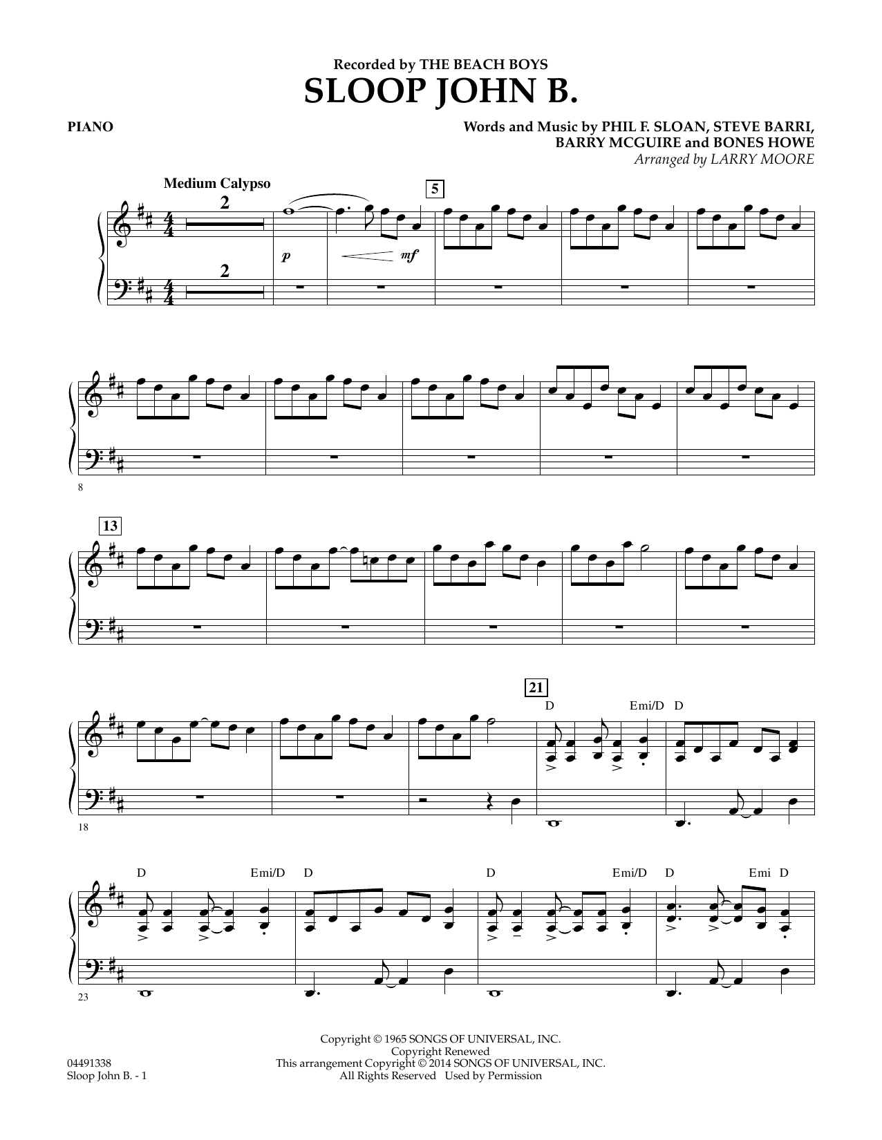 Larry Moore Sloop John B - Piano Sheet Music Notes & Chords for Orchestra - Download or Print PDF