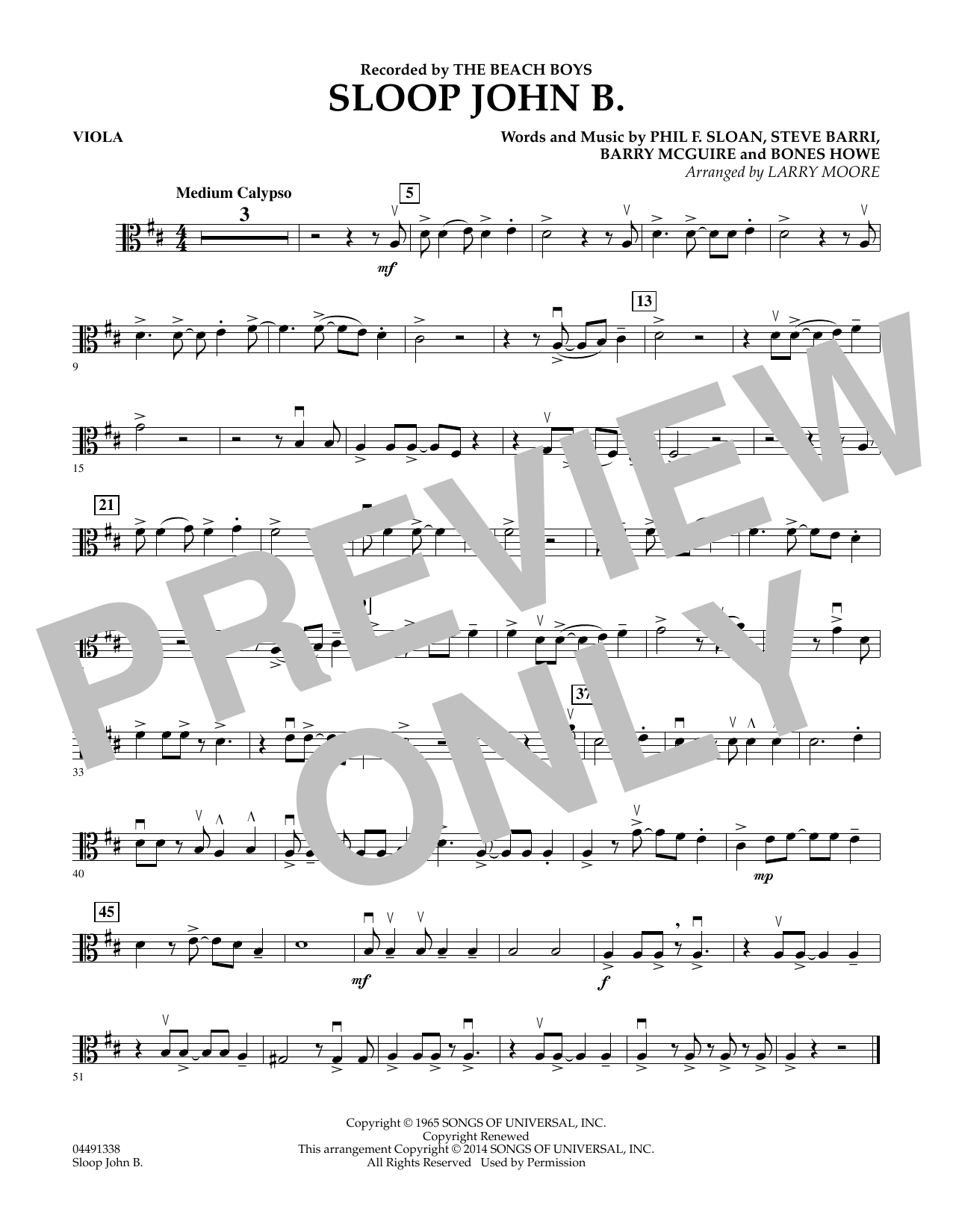 Larry Moore Sloop John B - Viola Sheet Music Notes & Chords for Orchestra - Download or Print PDF