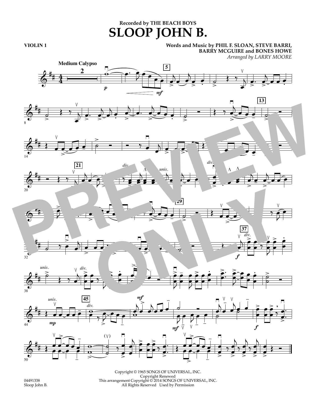 Larry Moore Sloop John B - Violin 1 Sheet Music Notes & Chords for Orchestra - Download or Print PDF