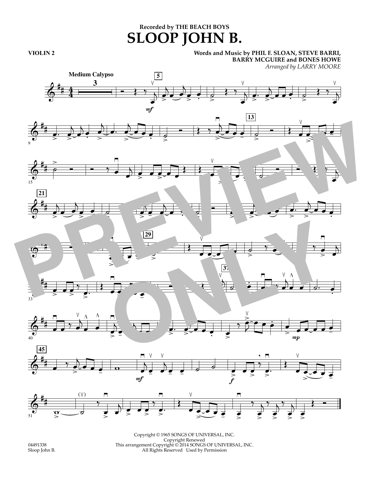 Larry Moore Sloop John B - Violin 2 Sheet Music Notes & Chords for Orchestra - Download or Print PDF