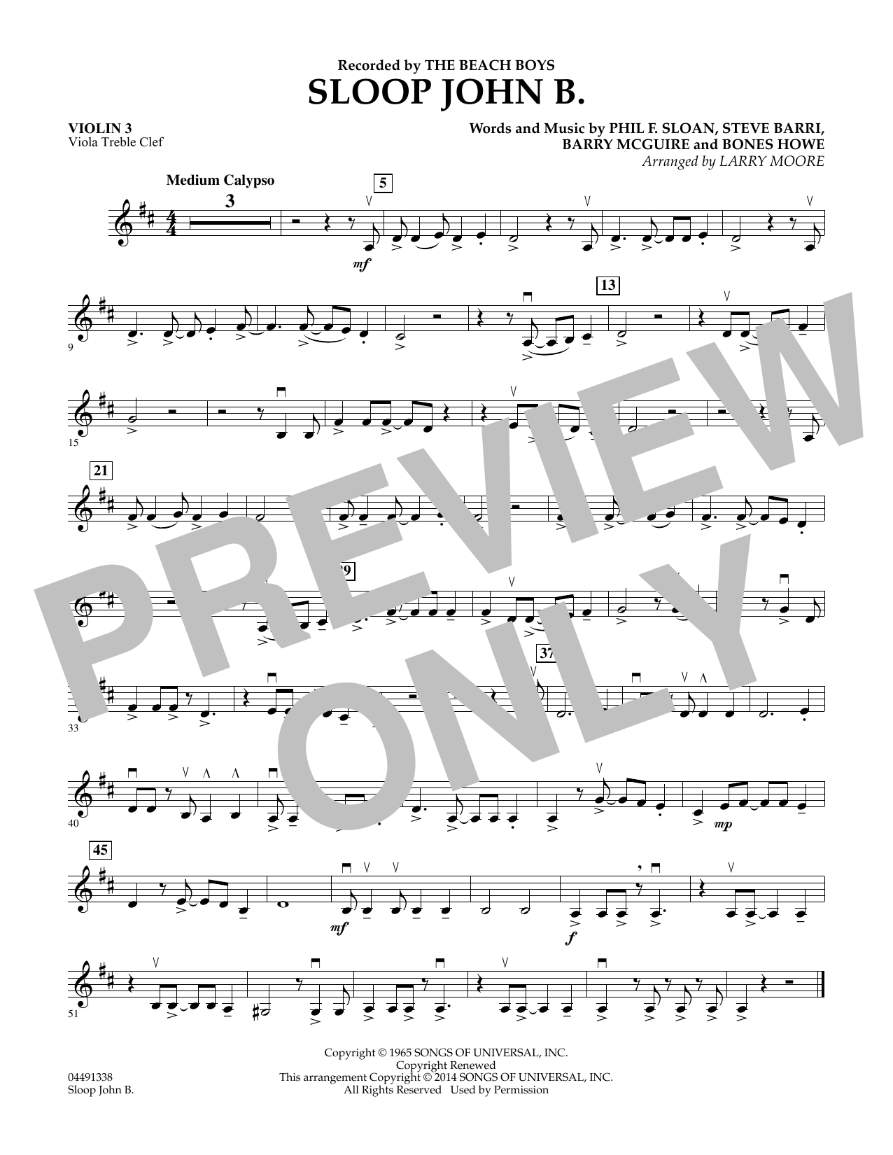 Larry Moore Sloop John B - Violin 3 (Viola T.C.) Sheet Music Notes & Chords for Orchestra - Download or Print PDF