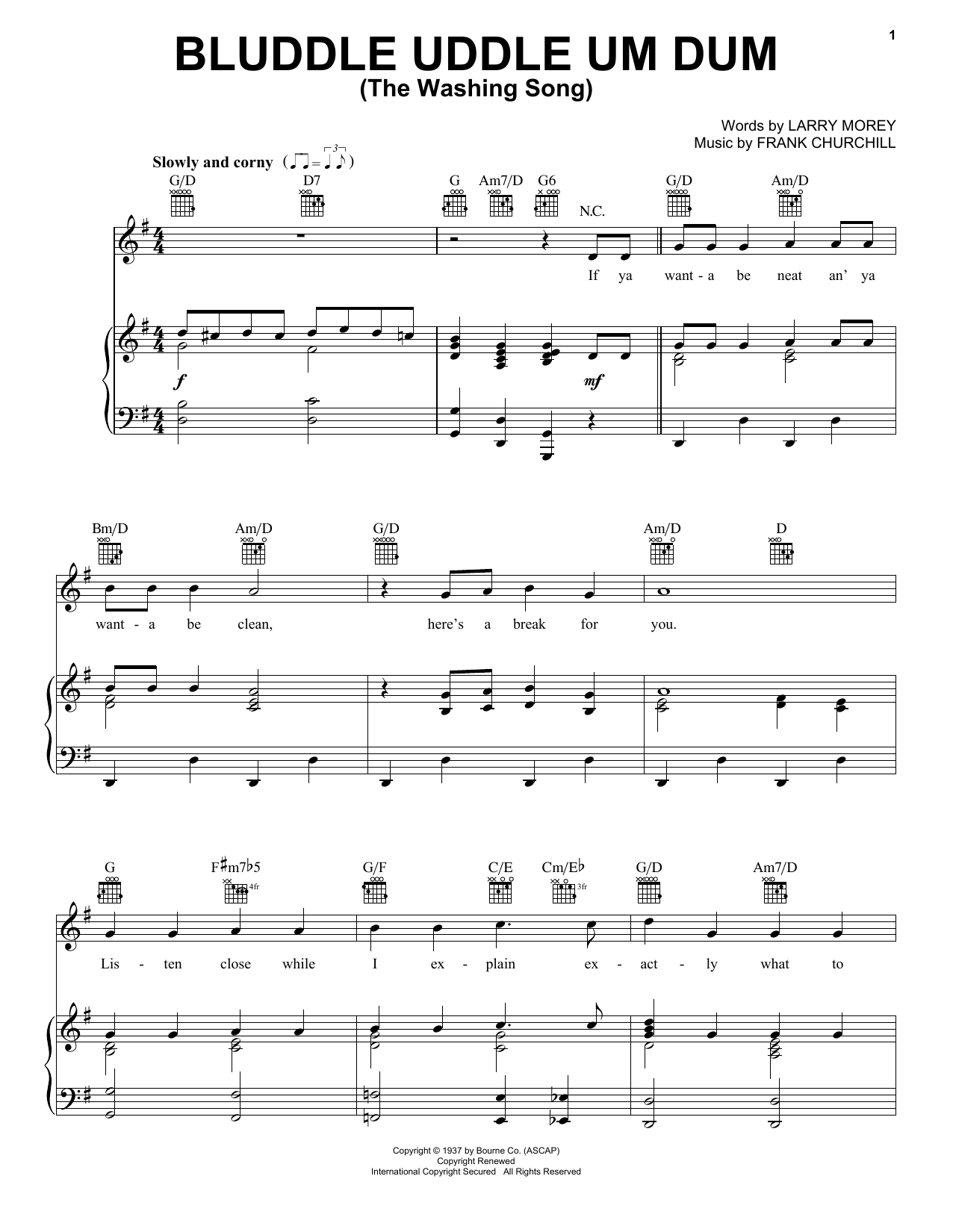 Larry Morey and Frank Churchill Bluddle Uddle Um Dum (The Washing Song) (from Walt Disney's Snow White and the Seven Dwarfs) Sheet Music Notes & Chords for Piano, Vocal & Guitar Chords (Right-Hand Melody) - Download or Print PDF