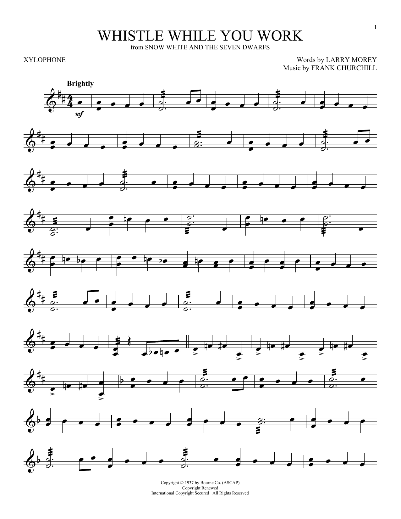 Larry Morey and Frank Churchill Whistle While You Work (from Snow White And The Seven Dwarfs) Sheet Music Notes & Chords for Xylophone Solo - Download or Print PDF