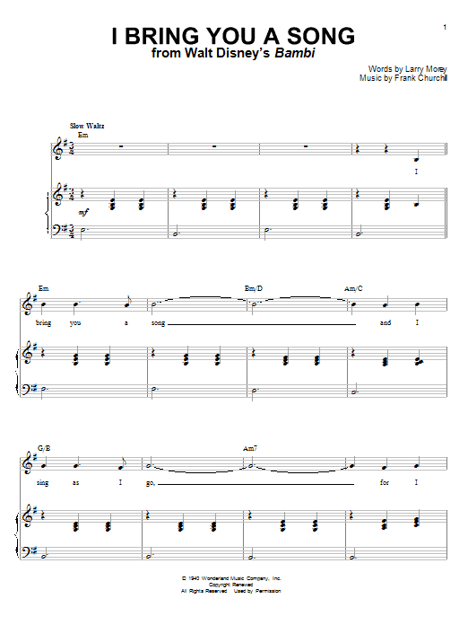 Frank Churchill I Bring You A Song (from Bambi) Sheet Music Notes & Chords for Piano, Vocal & Guitar (Right-Hand Melody) - Download or Print PDF