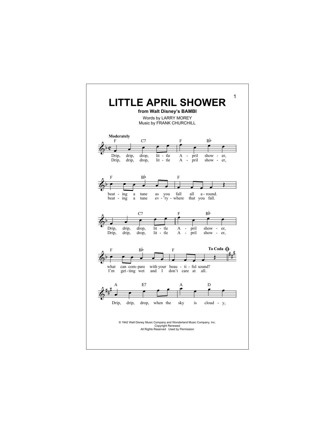 Larry Morey Little April Shower Sheet Music Notes & Chords for Melody Line, Lyrics & Chords - Download or Print PDF