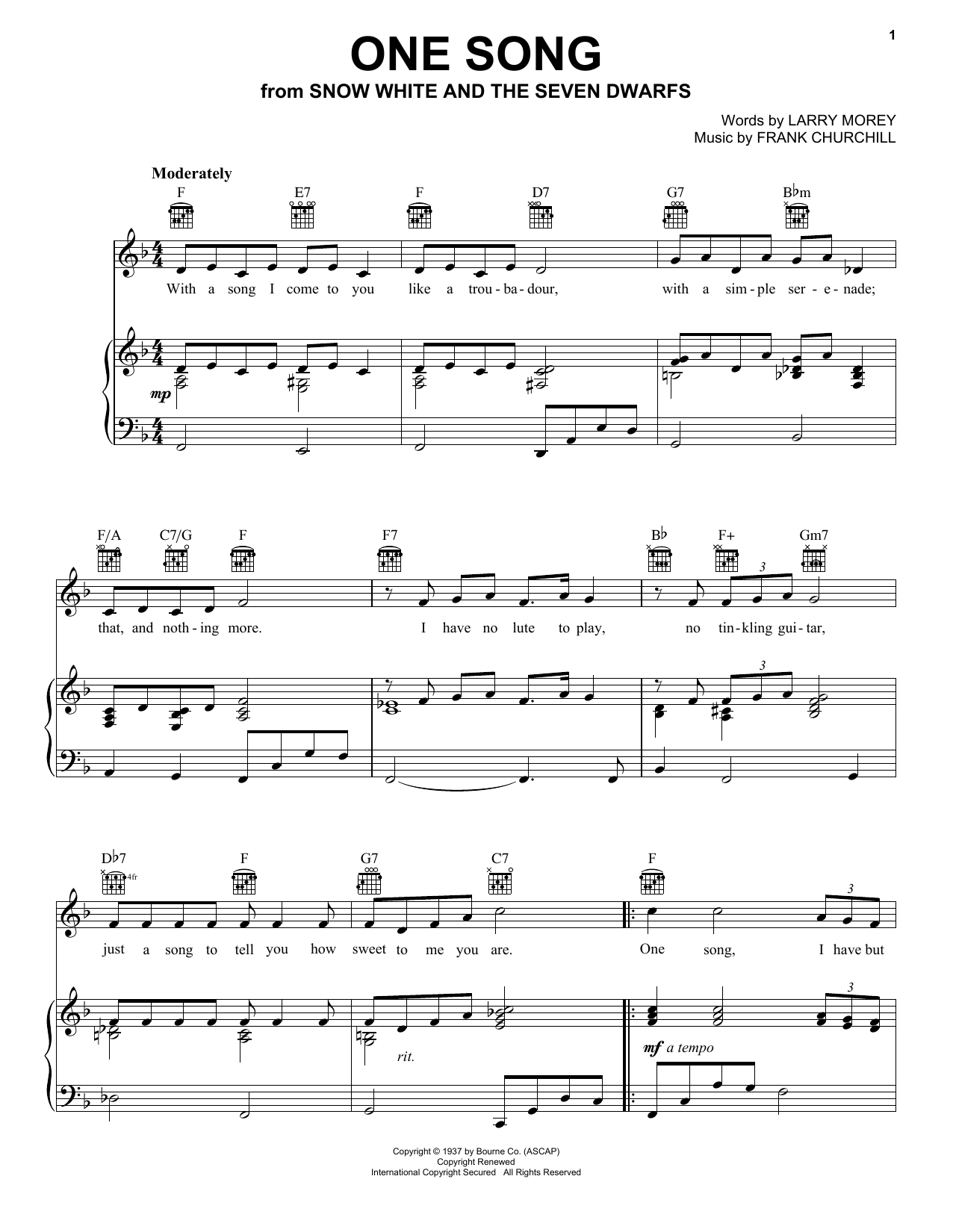 Larry Morey One Song Sheet Music Notes & Chords for Piano, Vocal & Guitar (Right-Hand Melody) - Download or Print PDF
