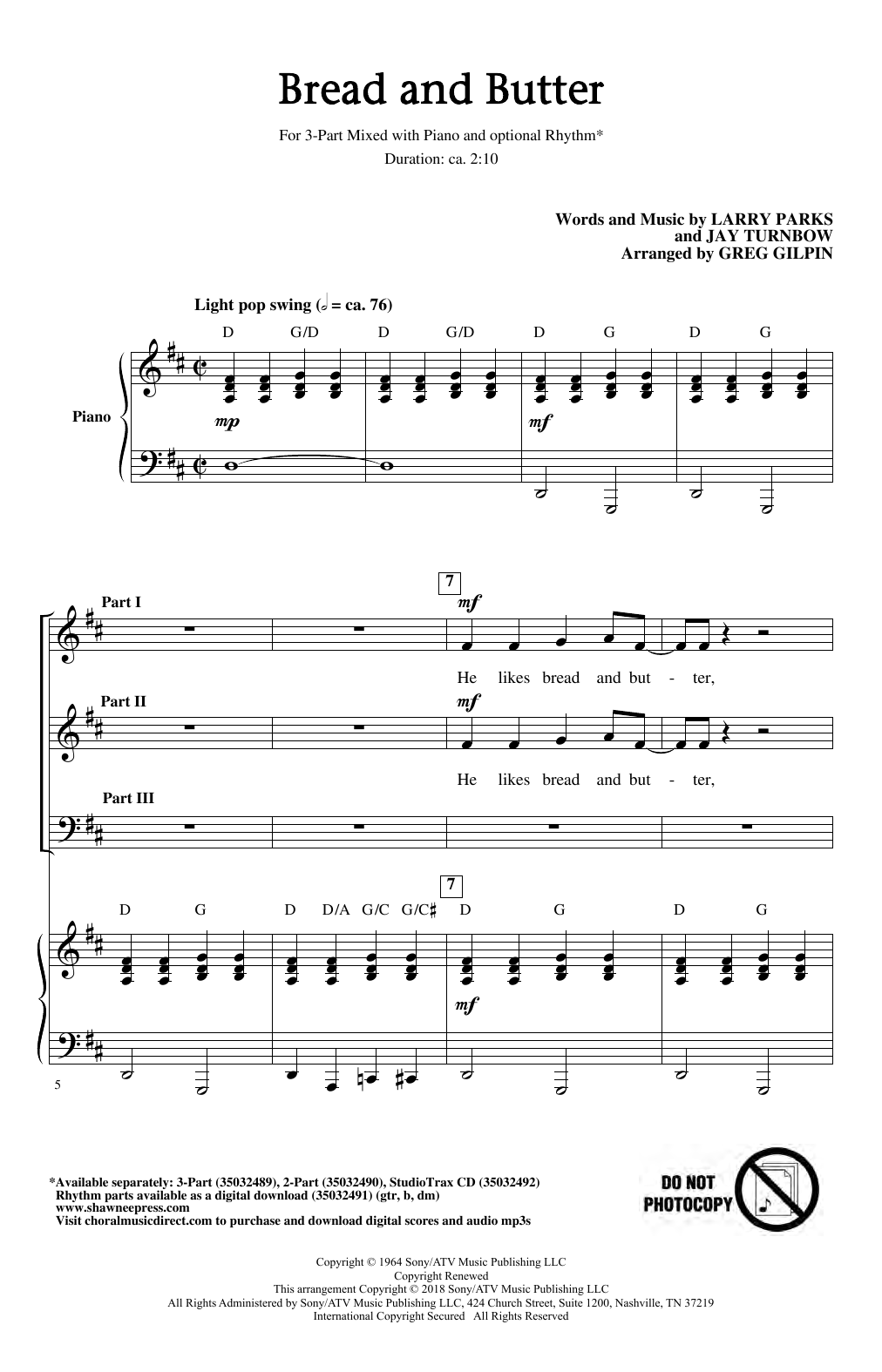 Larry Parks & Jay Turnbow Bread And Butter (arr. Greg Gilpin) Sheet Music Notes & Chords for 3-Part Mixed Choir - Download or Print PDF