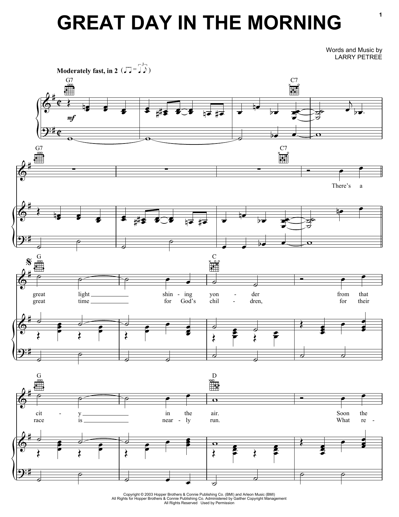 Larry Petree Great Day In the Morning Sheet Music Notes & Chords for Piano, Vocal & Guitar (Right-Hand Melody) - Download or Print PDF